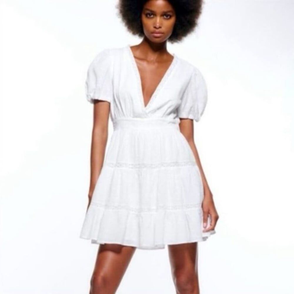 NWT Zara Lace Insert Trim Balloon Sleeve Cotton Tiered Mini Dress in White - Picture 6 of 12